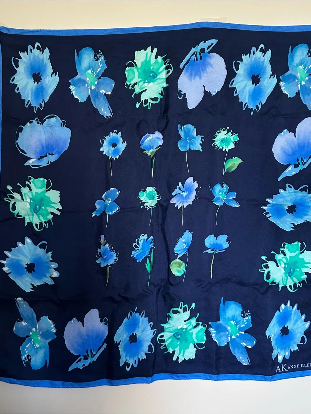 Anne Klein Navy Floral Silk Scarf with Blue & Aqua Blooms